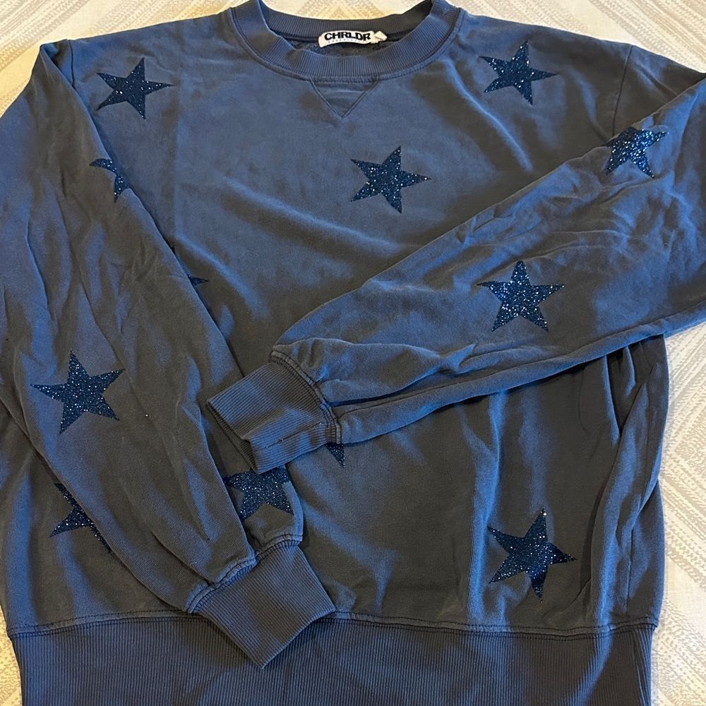 Chrldr Women’s Faded Navy Sweatshirt with Blue Glitter Stars - Size XS
